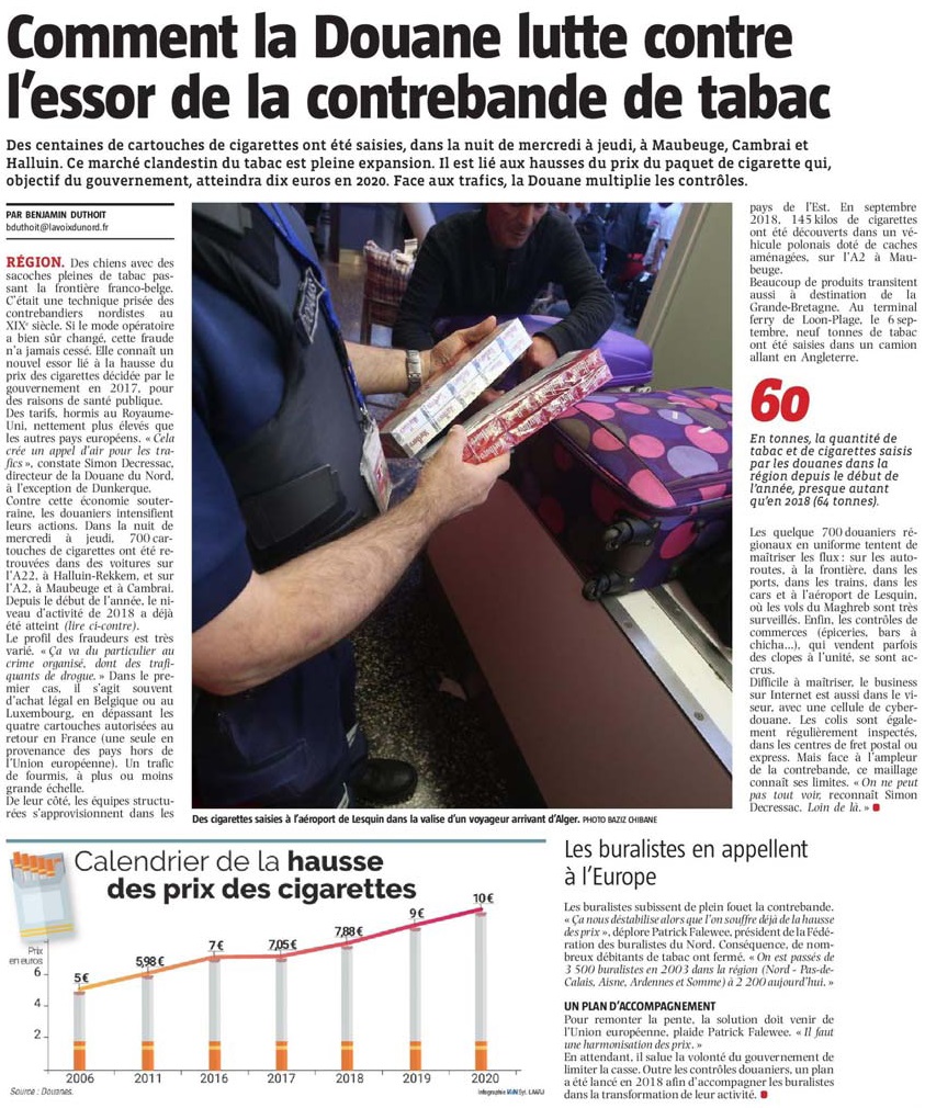 20190929 Douane contrebande tabac Halluin VdN revue de presse