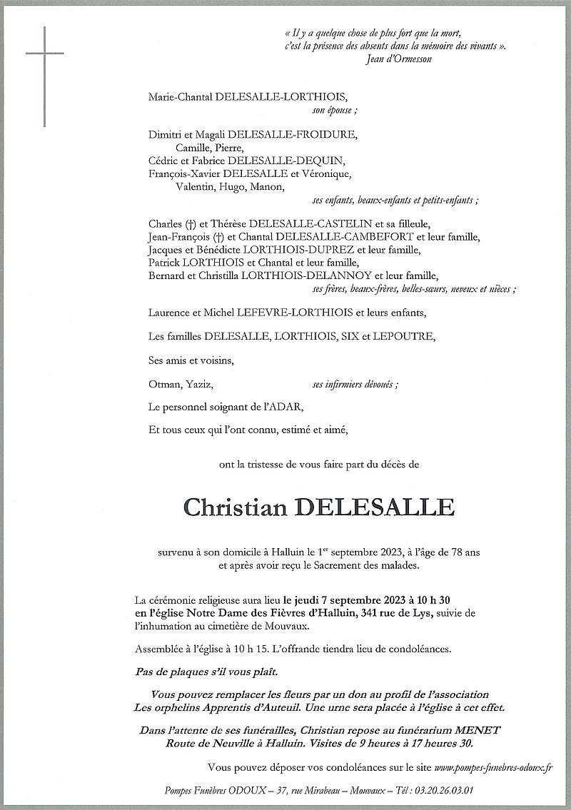 Delesalle christian Faire part pour les funrailles de Monsieur Christian DELESALLE